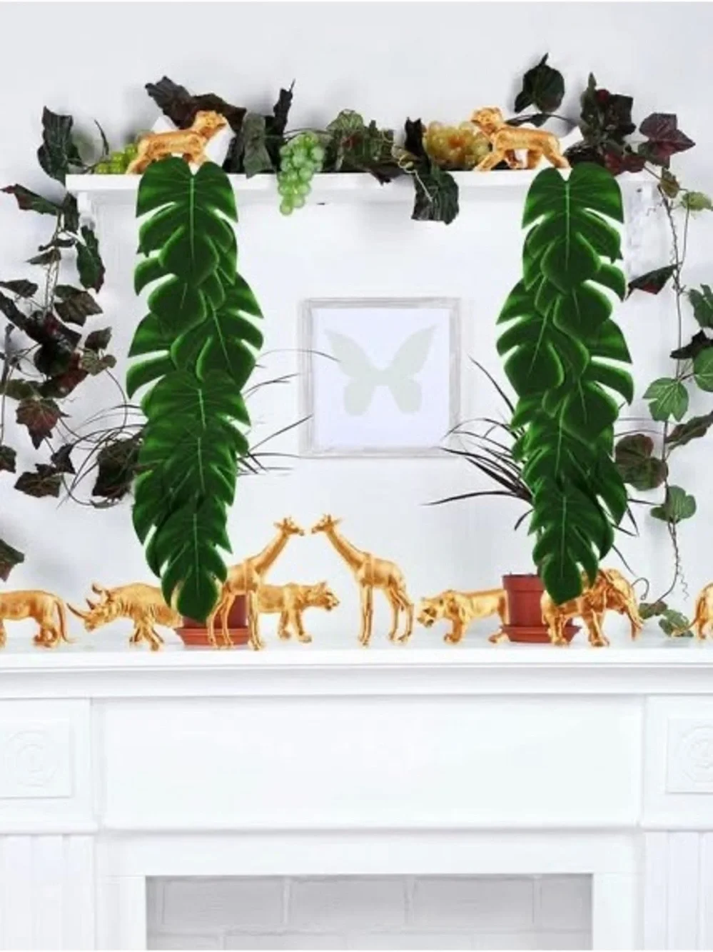 26 pc Gold Animals Safari Figures & Faux Tropical Palm Leaves Cake Topper